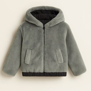 ZARA Kids Gray Faux Fur Hooded Jacket | Soft Plush Zip Up Coat | Cozy Comfy Fall